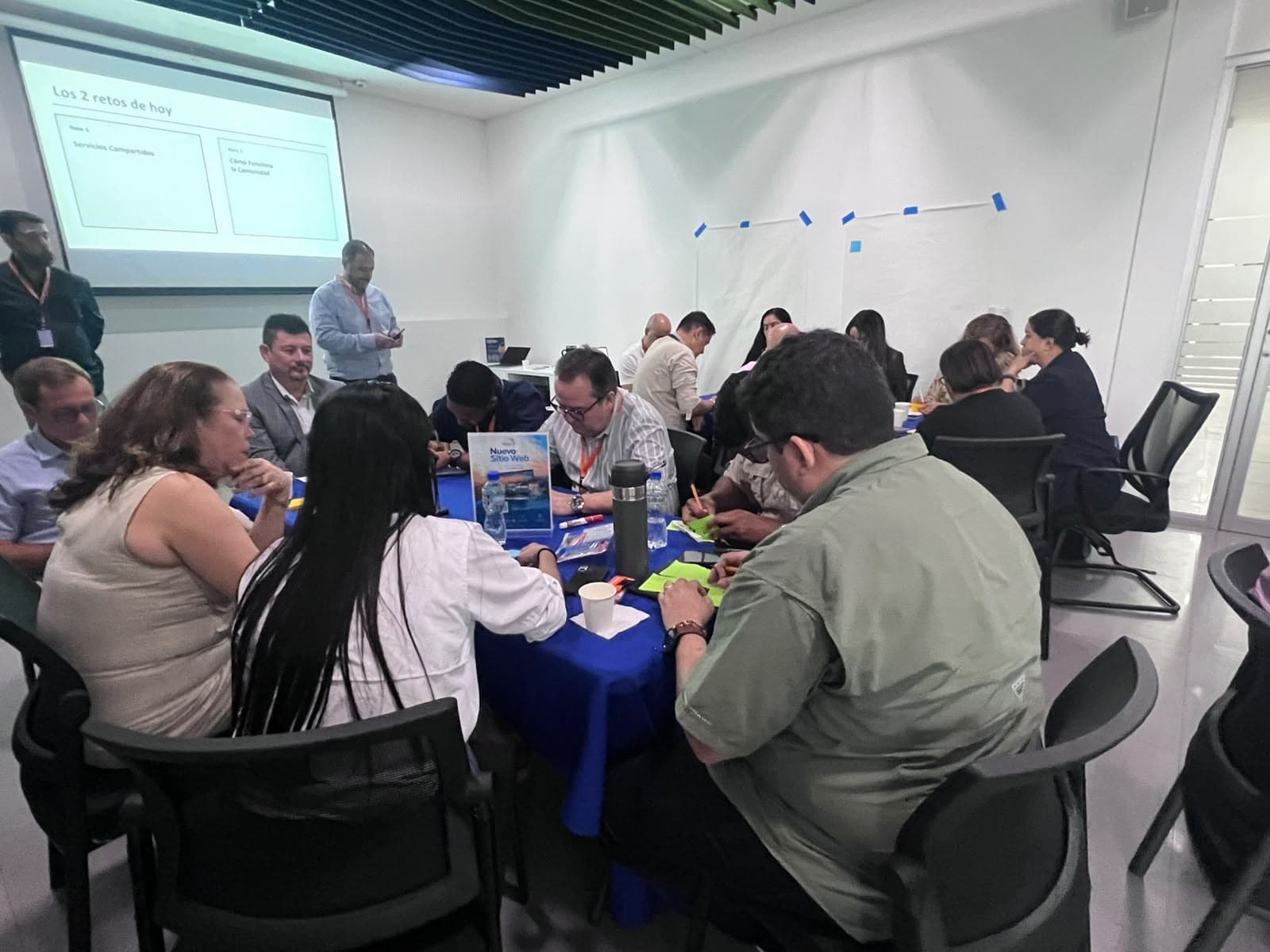 Sala de taller con varias mesas de trabajo y la pantalla con los dos retos del día: servicios compartidos y cómo funciona la comunidad